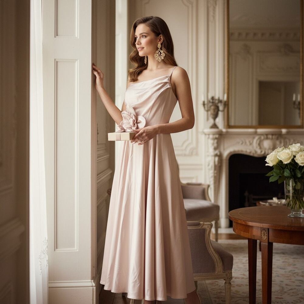Taylor Champagne One‑Shoulder Satin Midi Dress Size 10 NWT 3D Flower Appliqué